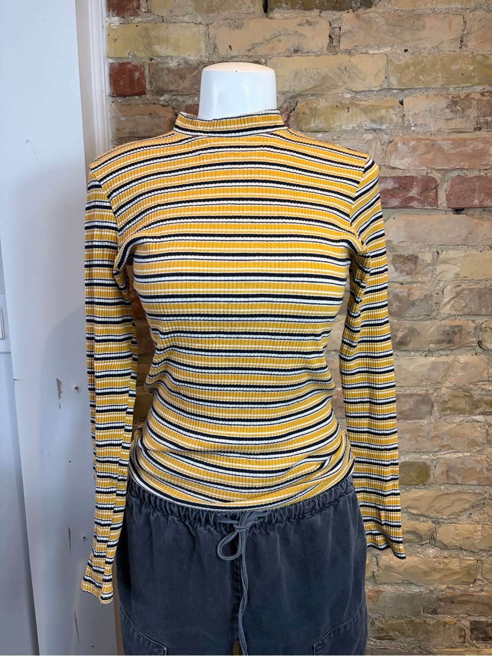 OAK + FORT Yellow & Black Striped Ribbed Long Sleeve Top